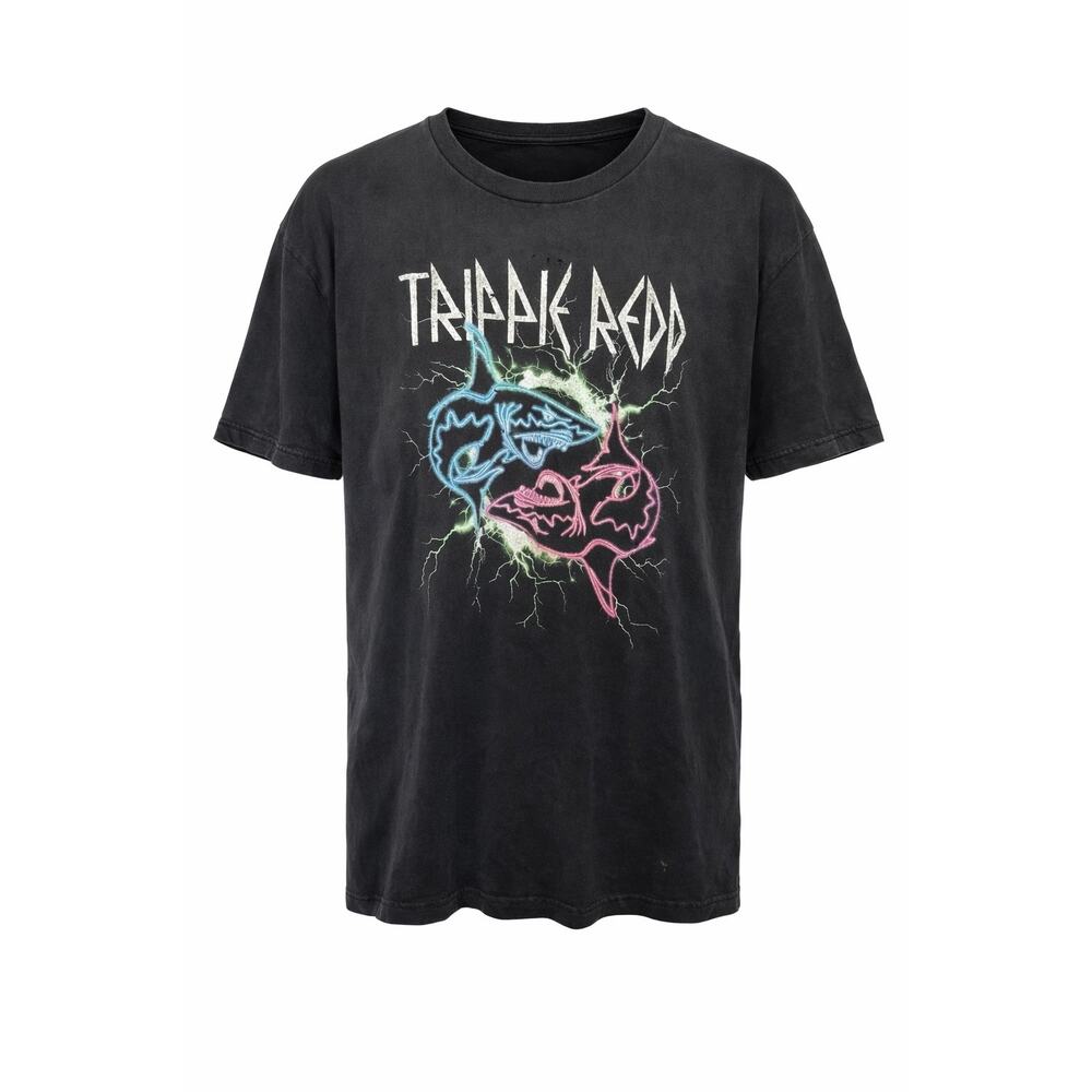 Trippie Redd Graphic T-Shirt Black Lightning Faces Size Large Distressed